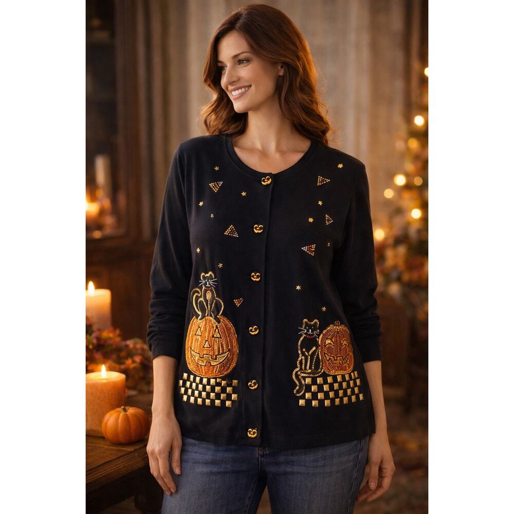 Vintage Style Halloween Black Cat Pumpkin Cardigan Small Sporielle Fall Top